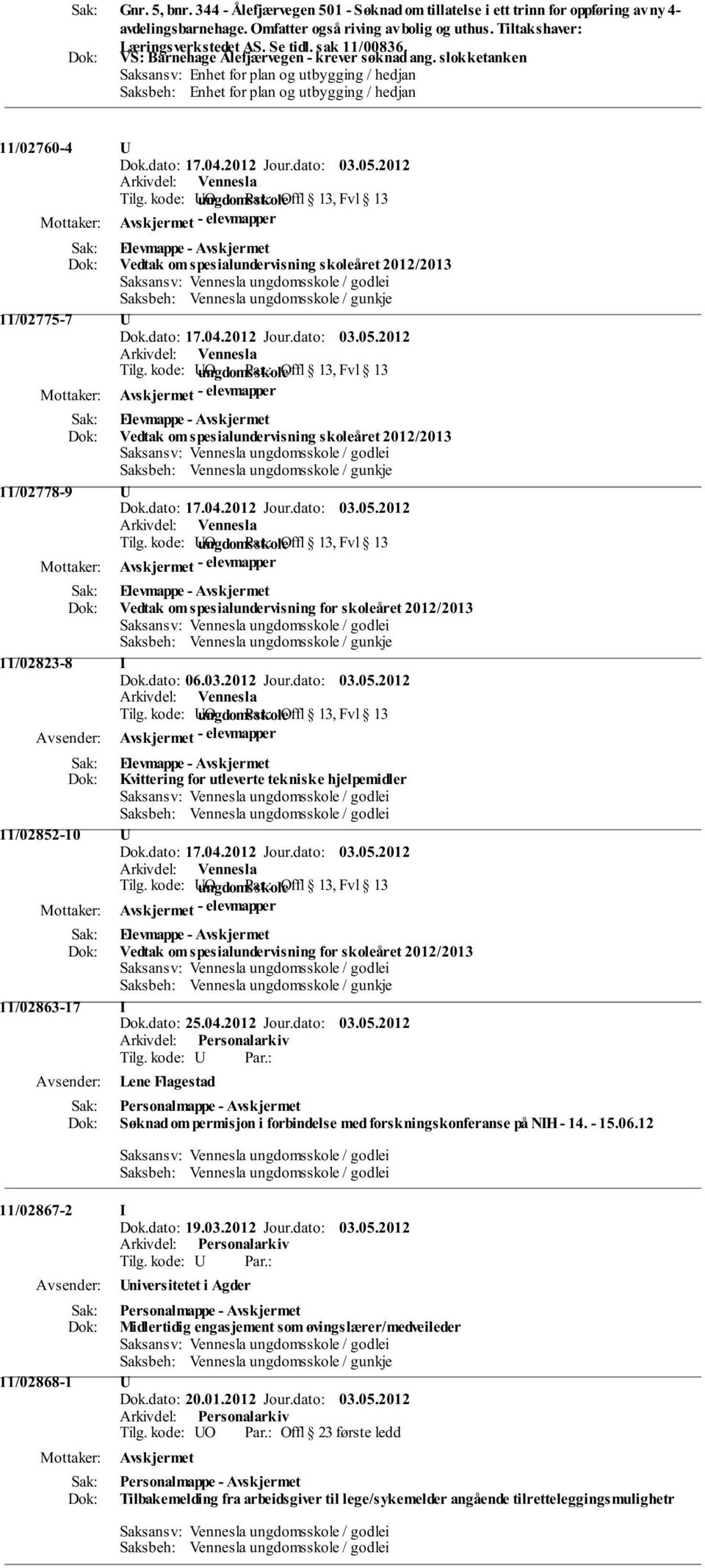 2012 Jour.dato: 03.05.2012 Avskjermet - elevmapper Vedtak om spesialundervisning skoleåret 2012/2013 11/02775-7 U Dok.dato: 17.04.2012 Jour.dato: 03.05.2012 Avskjermet - elevmapper Vedtak om spesialundervisning skoleåret 2012/2013 11/02778-9 U Dok.