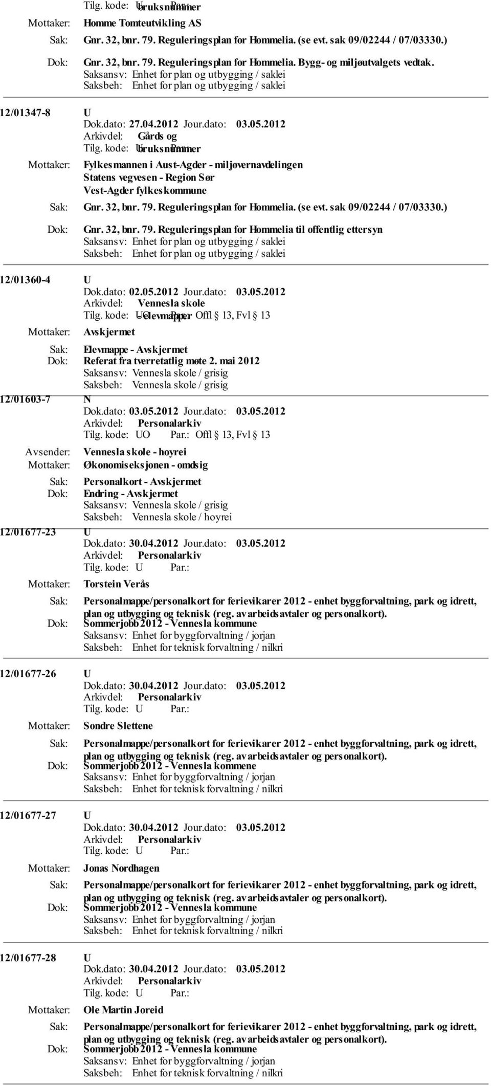 2012 Fylkesmannen i Aust-Agder - miljøvernavdelingen Statens vegvesen - Region Sør Vest-Agder fylkeskommune Gnr. 32, bnr. 79. Reguleringsplan for Hommelia. (se evt. sak 09/02244 / 07/03330.) Gnr.