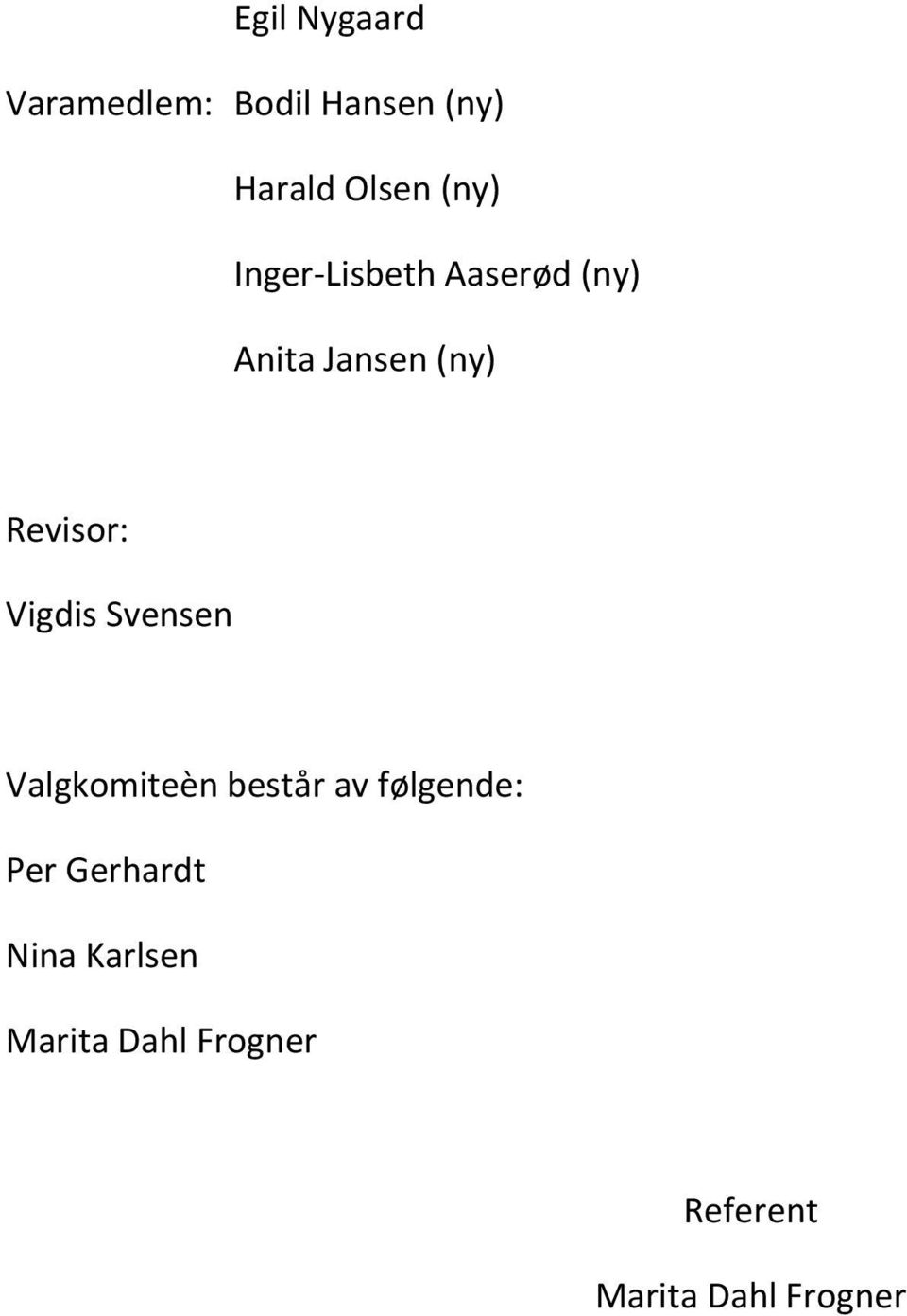 Vigdis Svensen Valgkomiteèn består av følgende: Per