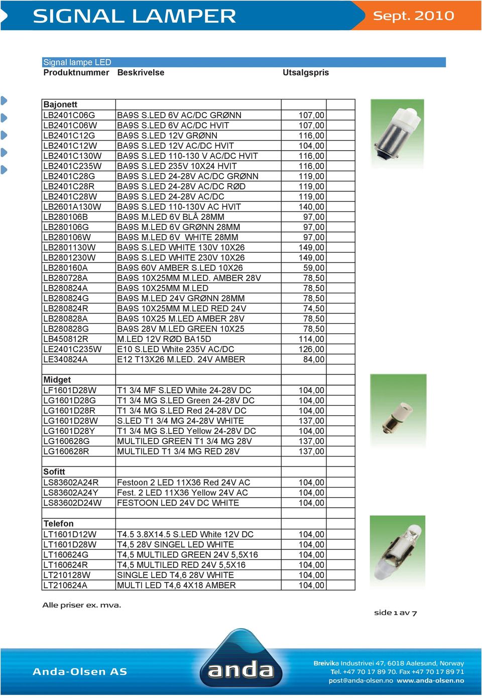 LED 24-28V AC/DC R D 119,00 LB2401C28W BA9S S.LED 24-28V AC/DC 119,00 LB2601A130W BA9S S.LED 110-130V AC HVIT 140,00 LB280106B BA9S M.LED 6V BL 28MM 97,00 LB280106G BA9S M.