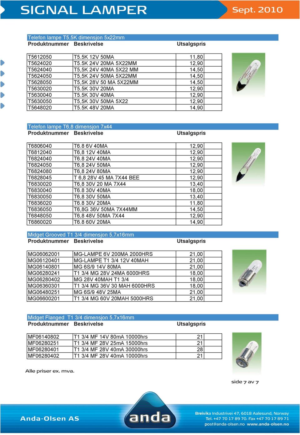 5K 30V 40MA 12,90 T5630050 T5,5K 30V 50MA 5X22 12,90 T5648020 T5.5K 48V 20MA 14,90 Telefon lampe T6,8 dimensjon 7x44 T6806040 T6.8 6V 40MA 12,90 T6812040 T6,8 12V 40MA 12,90 T6824040 T6.