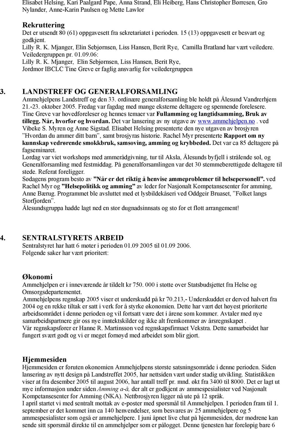 06: Lilly R. K. Mjanger, Elin Sebjørnsen, Liss Hansen, Berit Rye, Jordmor IBCLC Tine Greve er faglig ansvarlig for veiledergruppen 3. LANDSTREFF OG GENERALFORSAMLING Ammehjelpens Landstreff og den 33.