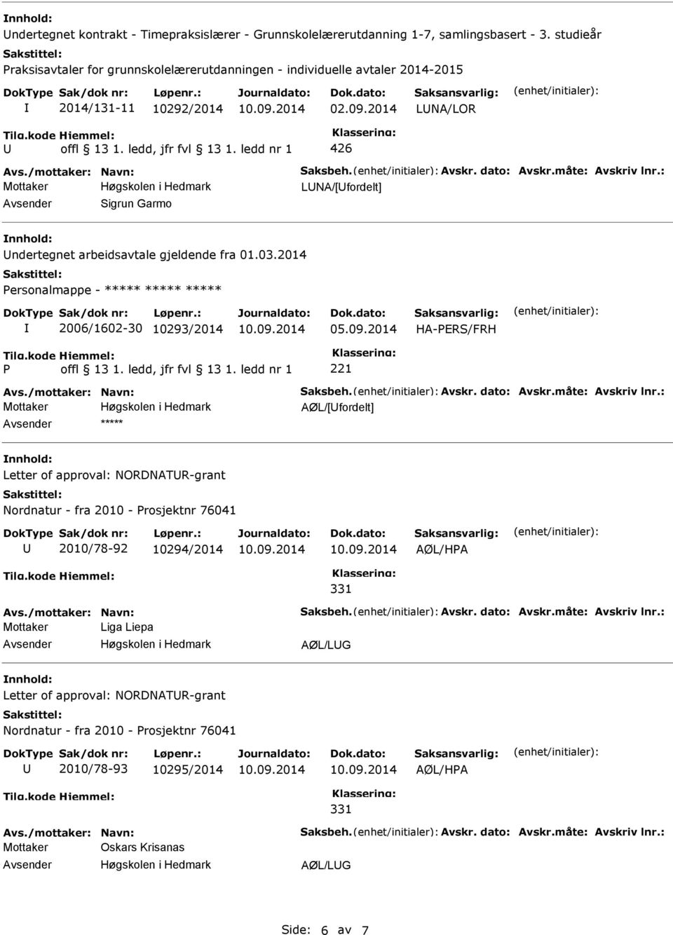 /mottaker: Navn: Saksbeh. Avskr. dato: Avskr.måte: Avskriv lnr.: AØL/[fordelt] ***** Letter of approval: NORDNATR-grant Nordnatur - fra 2010 - Prosjektnr 76041 2010/78-92 10294/2014 AØL/HPA 331 Avs.