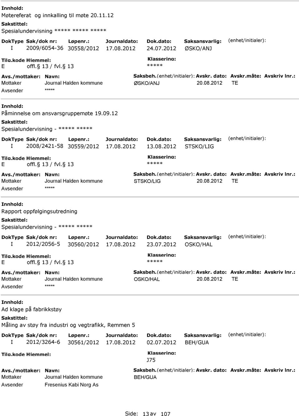 : STSKO/LG T nnhold: Rapport oppfølgingsutredning Spesialundervisning - 2012/2056-5 30560/2012 23.07.2012 OSKO/HAL Avs./mottaker: Navn: Saksbeh. Avskr. dato: Avskr.måte: Avskriv lnr.