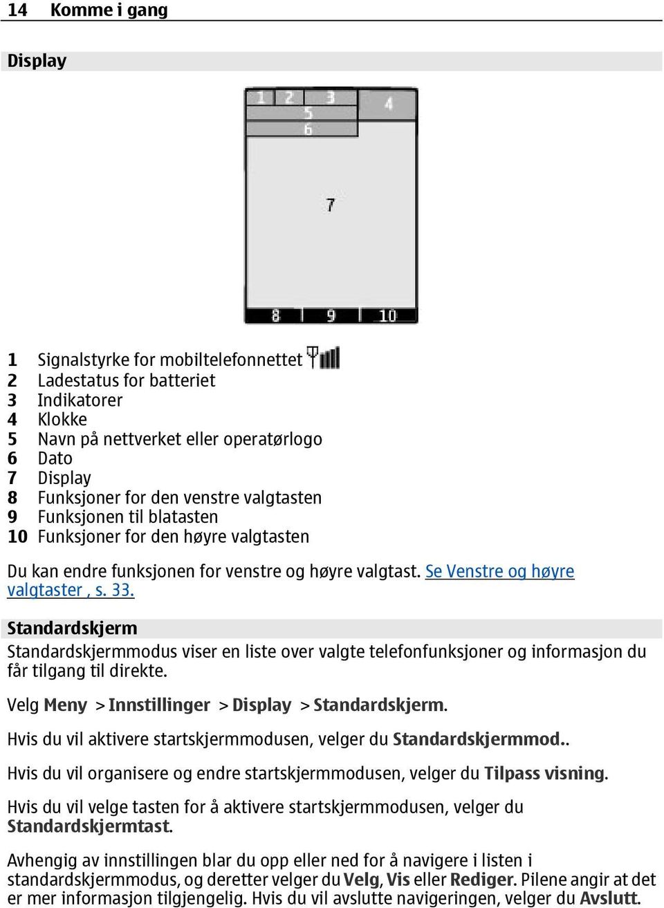 Standardskjerm Standardskjermmodus viser en liste over valgte telefonfunksjoner og informasjon du får tilgang til direkte. Velg Meny > Innstillinger > Display > Standardskjerm.