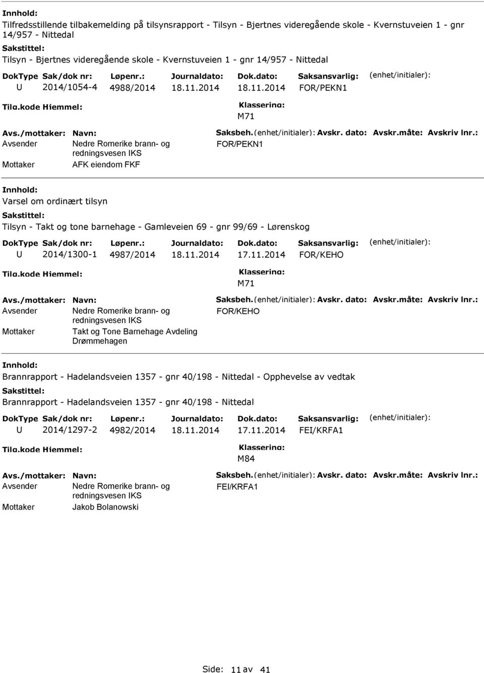 : Mottaker AFK eiendom FKF Varsel om ordinært tilsyn Tilsyn - Takt og tone barnehage - Gamleveien 69 - gnr 99/69 - Lørenskog 2014/1300-1 4987/2014 FOR/KEHO Avs./mottaker: Navn: Saksbeh. Avskr.