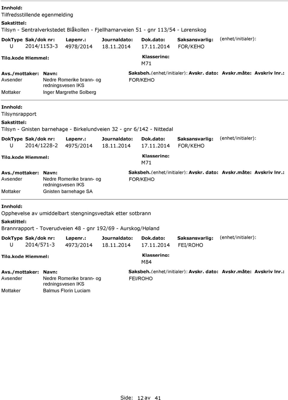 : FOR/KEHO Mottaker nger Margrethe Solberg Tilsynsrapport Tilsyn - Gnisten barnehage - Birkelundveien 32 - gnr 6/142 - Nittedal 2014/1228-2 4975/2014 FOR/KEHO Avs./mottaker: Navn: Saksbeh.