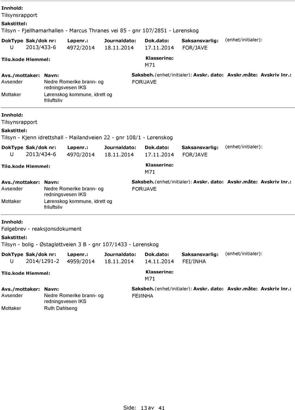 : FOR/JAVE Mottaker Lørenskog kommune, idrett og friluftsliv Tilsynsrapport Tilsyn - Kjenn idrettshall - Mailandveien 22 - gnr 108/1 - Lørenskog 2013/434-6 4970/2014 FOR/JAVE Avs.