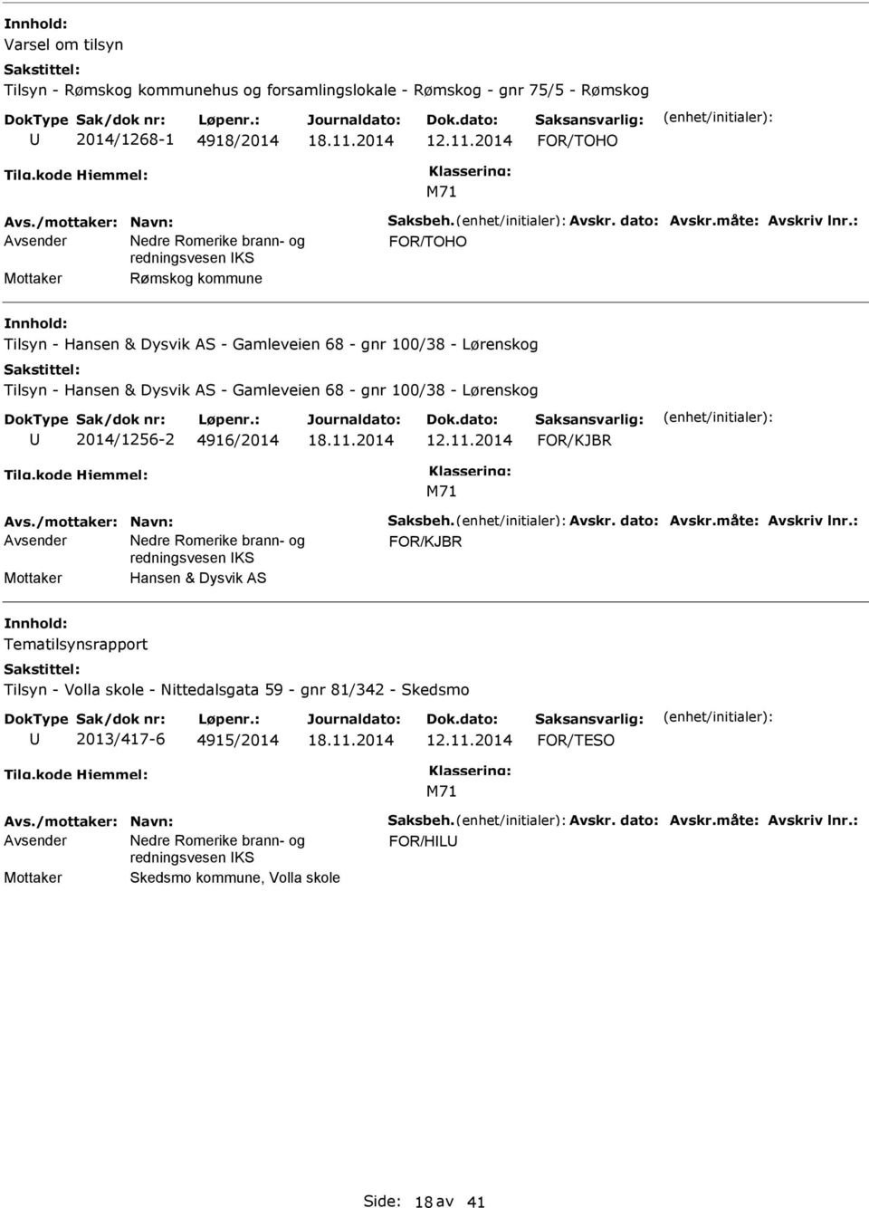 : FOR/TOHO Mottaker Rømskog kommune Tilsyn - Hansen & Dysvik AS - Gamleveien 68 - gnr 100/38 - Lørenskog Tilsyn - Hansen & Dysvik AS - Gamleveien 68 - gnr 100/38 - Lørenskog 2014/1256-2