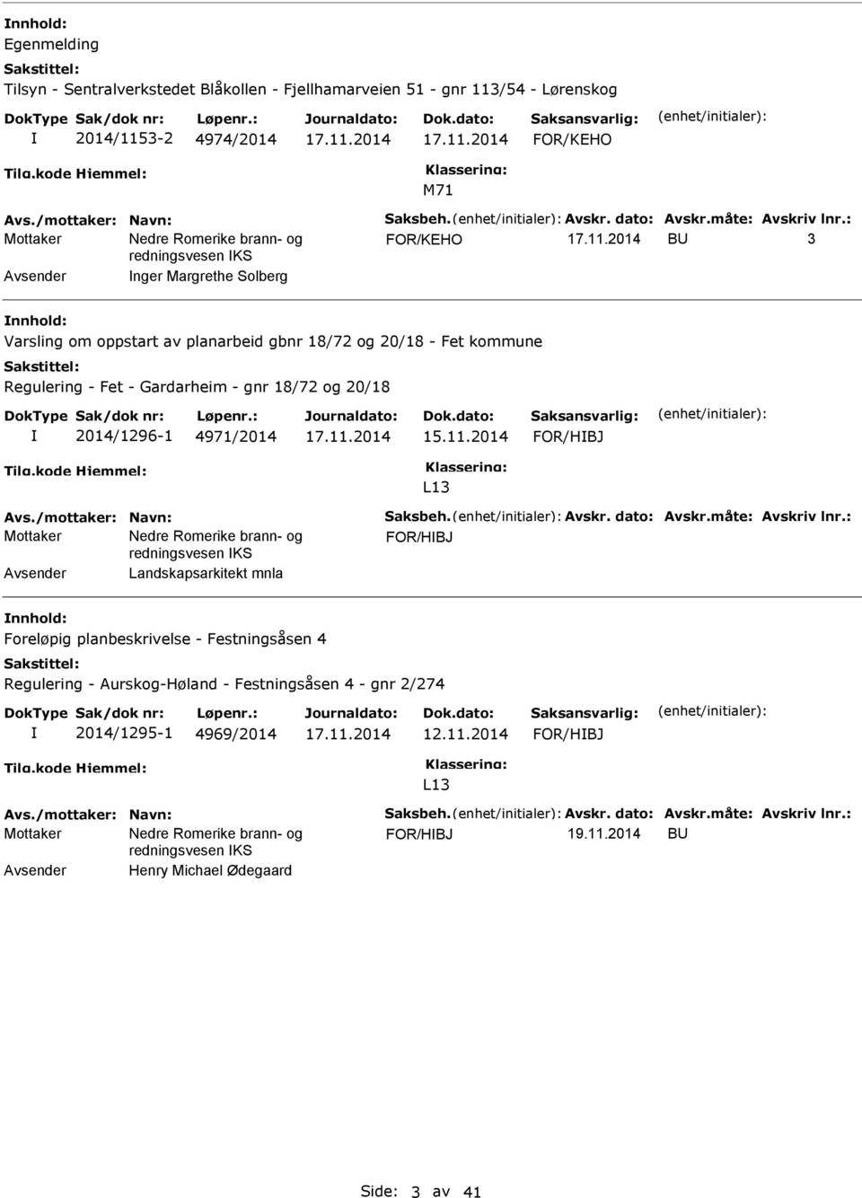 : FOR/KEHO B 3 Avsender nger Margrethe Solberg Varsling om oppstart av planarbeid gbnr 18/72 og 20/18 - Fet kommune Regulering - Fet - Gardarheim - gnr 18/72 og 20/18 2014/1296-1 4971/2014