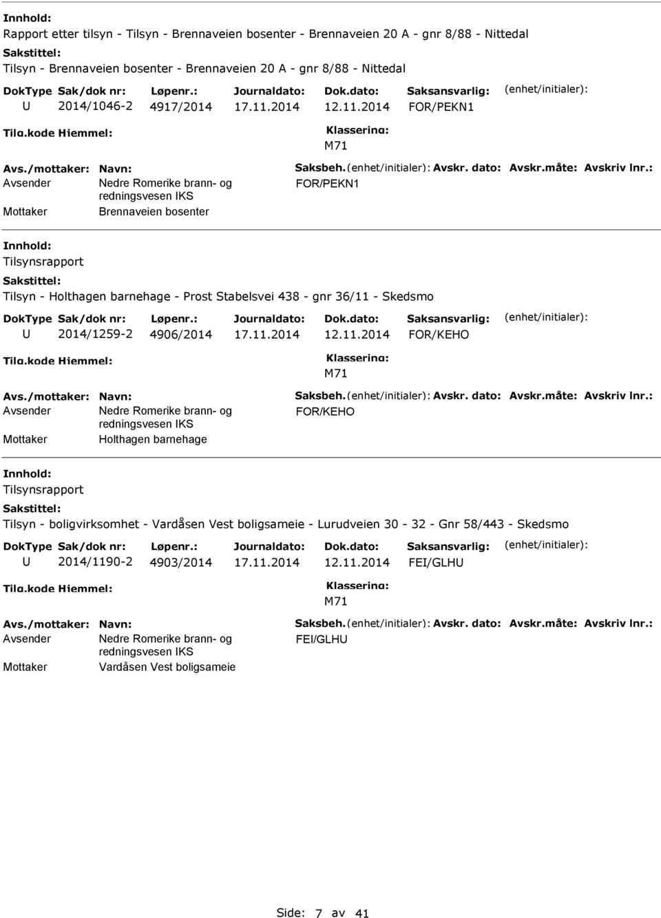 : Mottaker Brennaveien bosenter Tilsynsrapport Tilsyn - Holthagen barnehage - Prost Stabelsvei 438 - gnr 36/11 - Skedsmo 2014/1259-2 4906/2014 12.11.2014 FOR/KEHO Avs./mottaker: Navn: Saksbeh. Avskr.