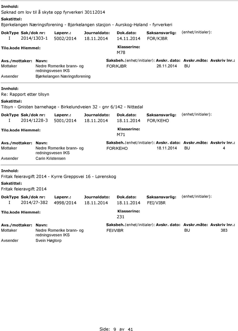 2014 B Avsender Bjørkelangen Næringsforening Re: Rapport etter tilsyn Tilsyn - Gnisten barnehage - Birkelundveien 32 - gnr 6/142 - Nittedal 2014/1228-3 5001/2014 FOR/KEHO Avs.