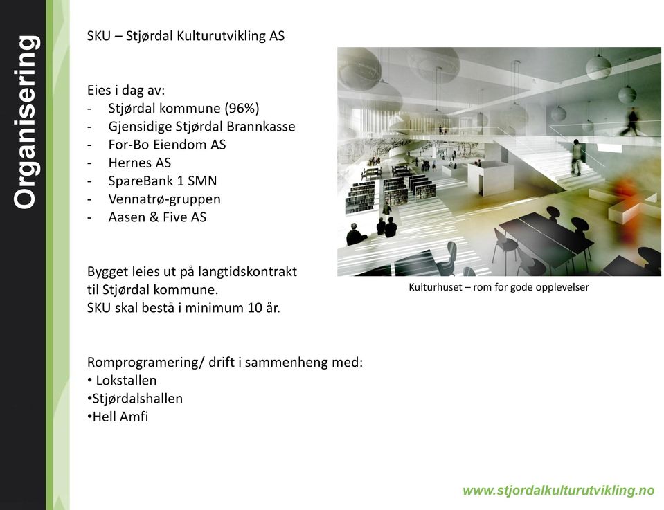 Bygget leies ut på langtidskontrakt til Stjørdal kommune. SKU skal bestå i minimum 10 år.