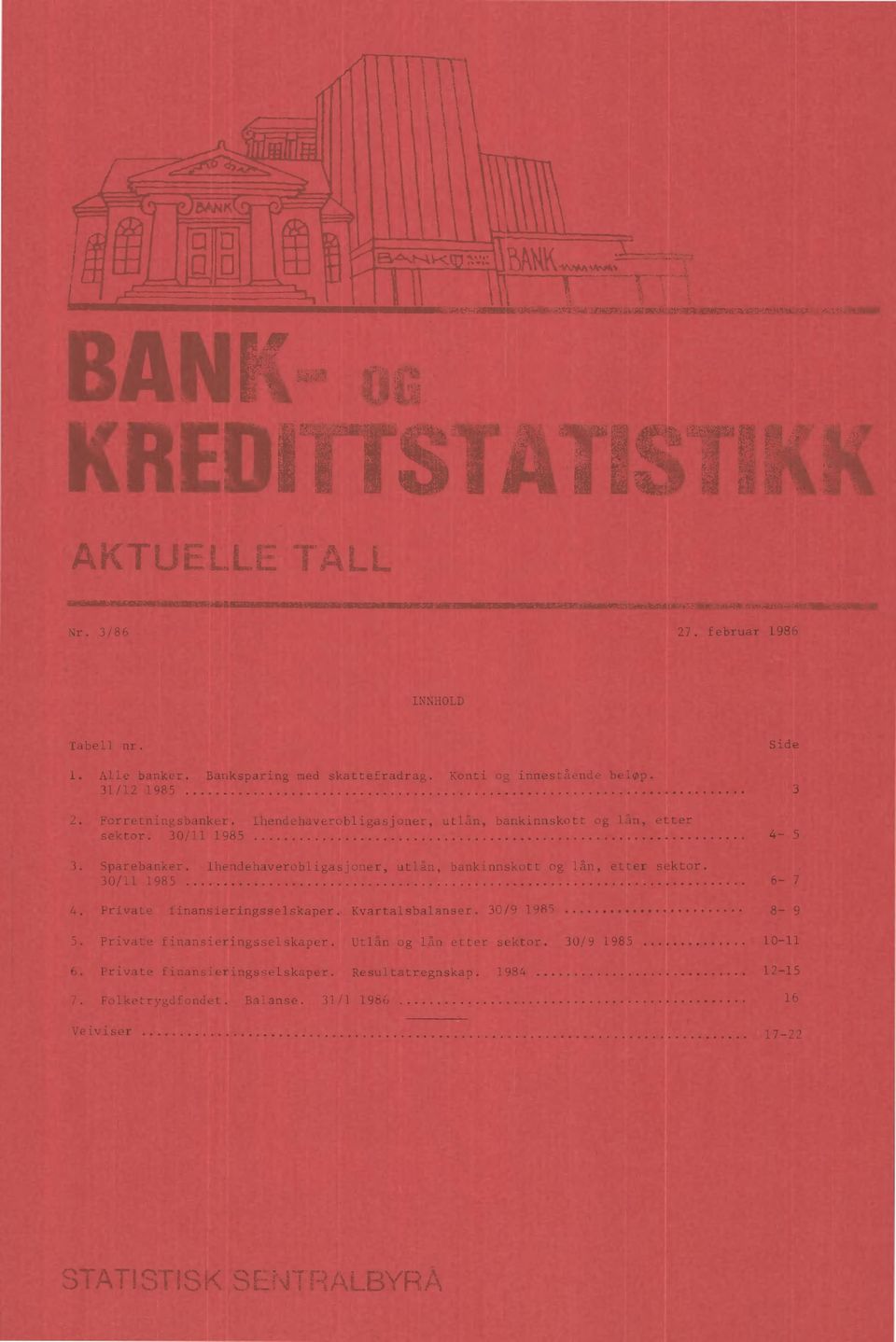 Ihendehaverobligasjoner, utlån, bankinnskott og lån, etter sektor. 30/11 1985 6-7 4. Private finansieringsselskaper. Kvartalsbalanser. 30/9 1985 8-9 5.