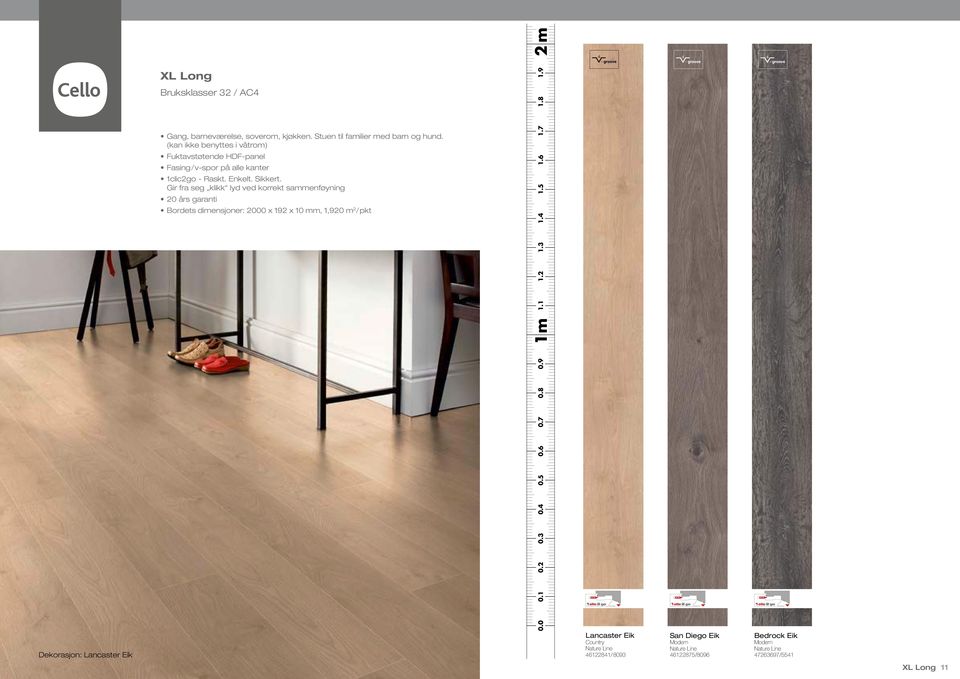 Gir fra seg klikk lyd ved korrekt sammenføyning 20 års garanti Bordets dimensjoner: 2000 x 192 x 10 mm, 1,920 m 2 /pkt 0.1 0.2 0.3 0.4 0.5 0.6 0.7 0.