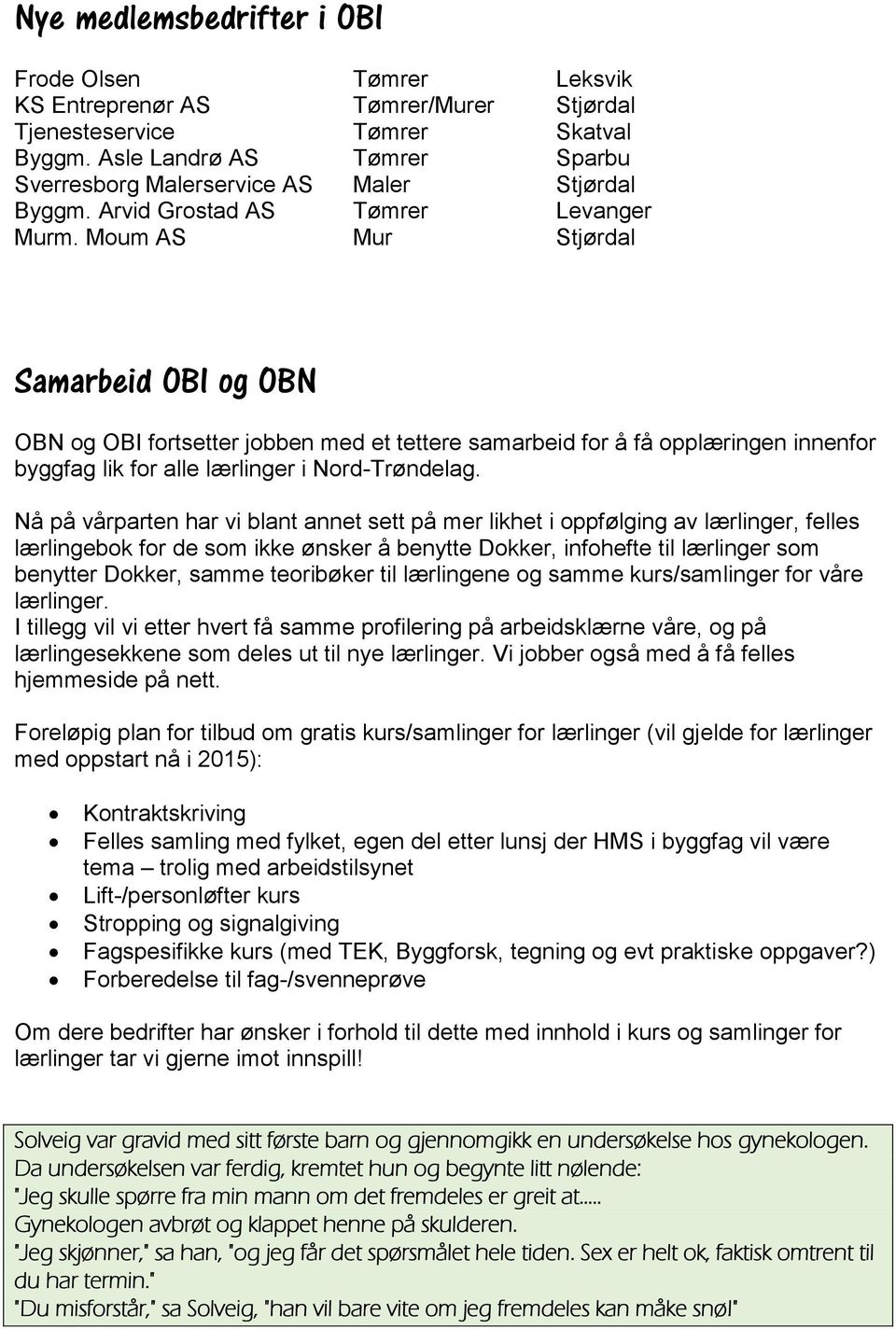 Moum AS Mur Stjørdal Samarbeid OBI og OBN OBN og OBI fortsetter jobben med et tettere samarbeid for å få opplæringen innenfor byggfag lik for alle lærlinger i Nord-Trøndelag.