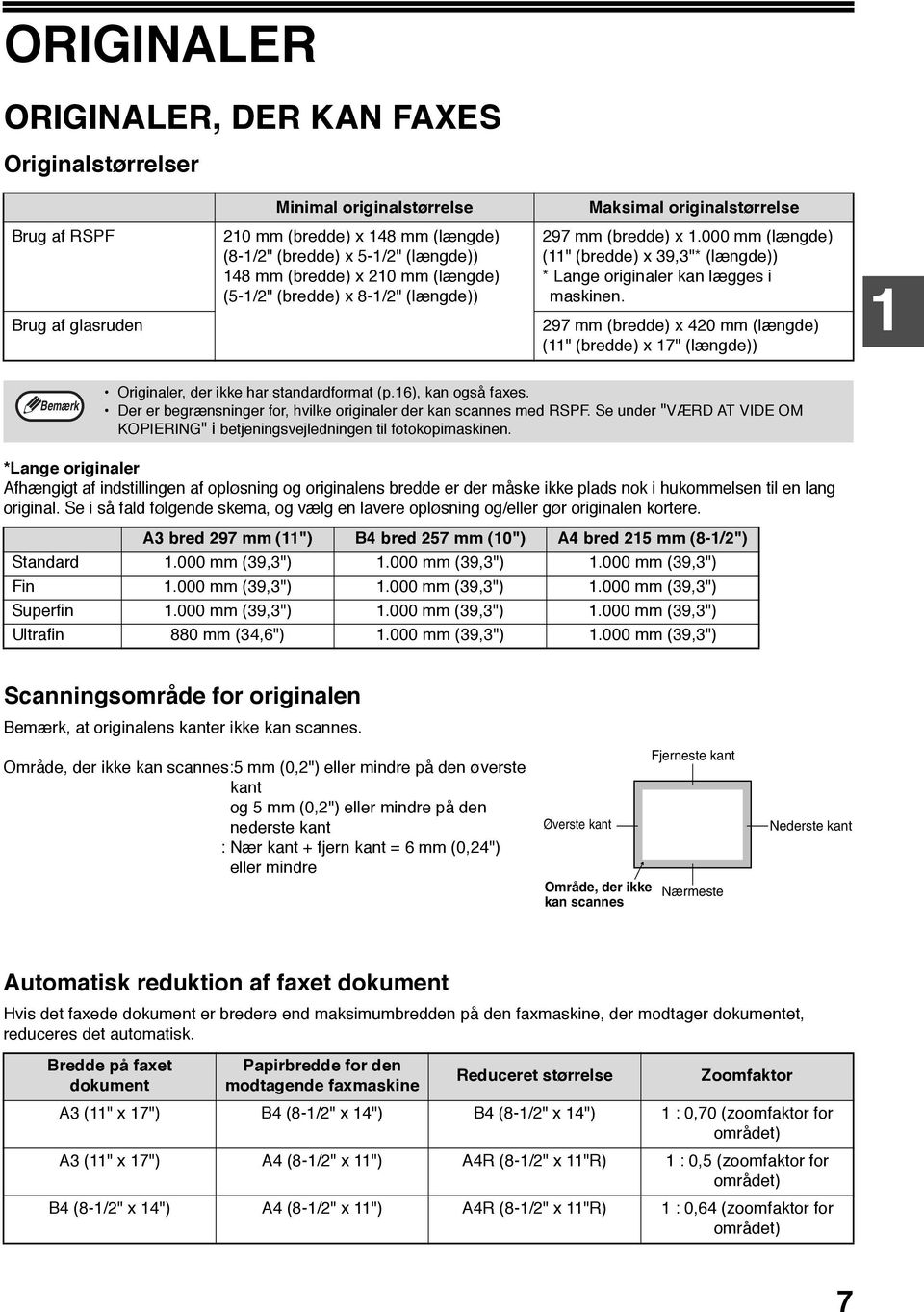 97 mm (bredde) x 0 mm (længde) (" (bredde) x 7" (længde)) Bemærk Originaler, der ikke har standardformat (p.6), kan også faxes. Der er begrænsninger for, hvilke originaler der kan scannes med RSPF.