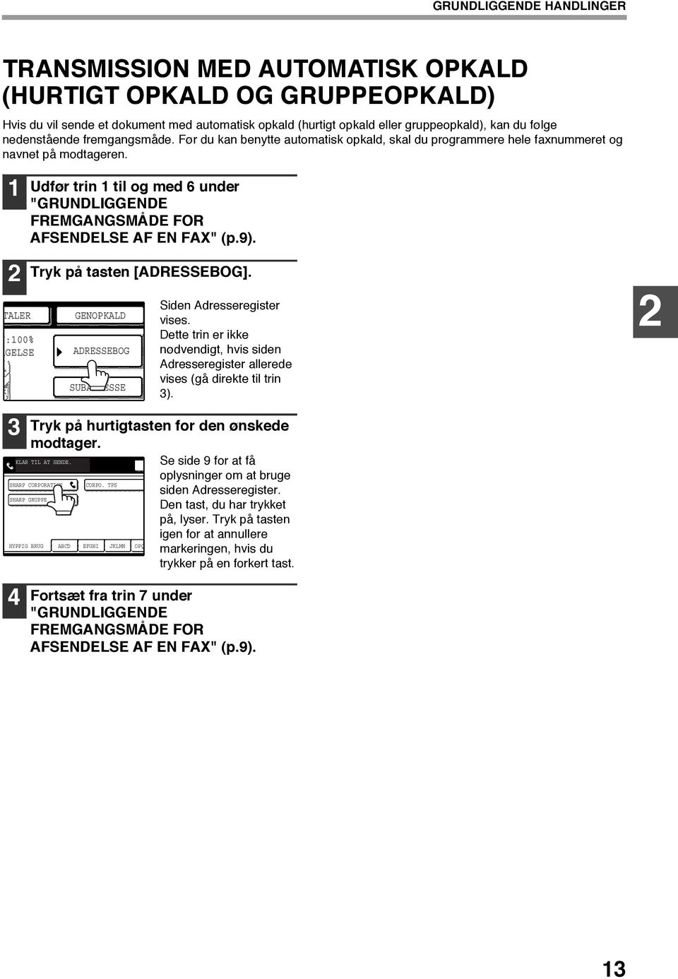 TALER Y:00% AGELSE Udfør trin til og med 6 under "GRUNDLIGGENDE FREMGANGSMÅDE FOR AFSENDELSE AF EN FAX" (p.9). Tryk på tasten [ADRESSEBOG]. Siden Adresseregister vises.