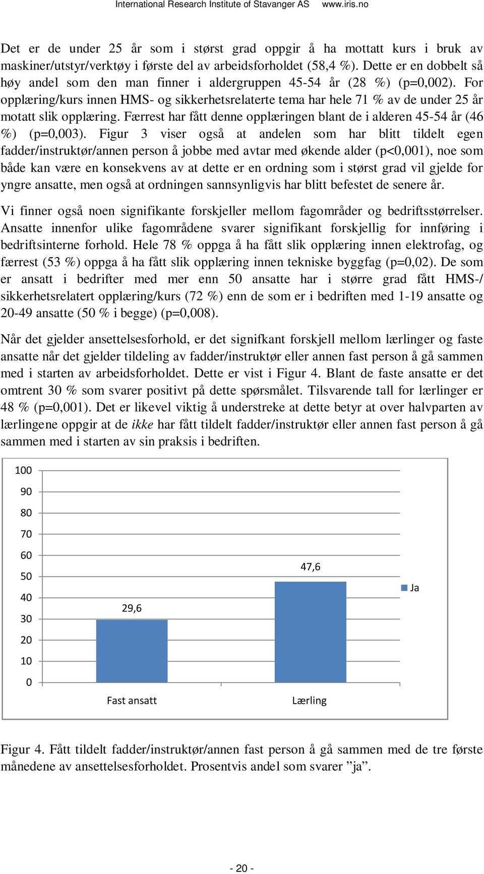 For opplæring/kurs innen HMS- og sikkerhetsrelaterte tema har hele 71 % av de under 25 år motatt slik opplæring. Færrest har fått denne opplæringen blant de i alderen 45-54 år (46 %) (p=0,003).