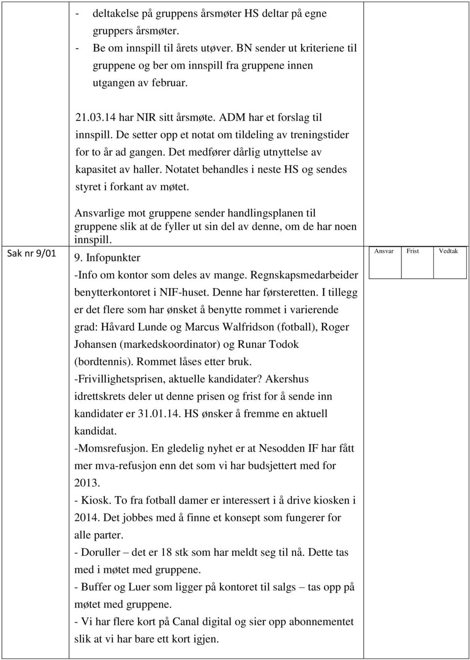 De setter opp et notat om tildeling av treningstider for to år ad gangen. Det medfører dårlig utnyttelse av kapasitet av haller. Notatet behandles i neste HS og sendes styret i forkant av møtet.