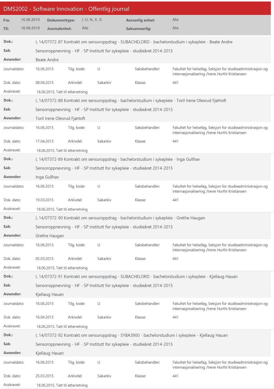 2015 Arkivdel: Sakarkiv 441, Tatt til etterretning I, 14/07372-88 Kontrakt om sensuroppdrag - bachelorstudium i sykepleie - Toril Irene Olesrud Fjørtoft Sensoroppnevning - HF - SP Institutt for