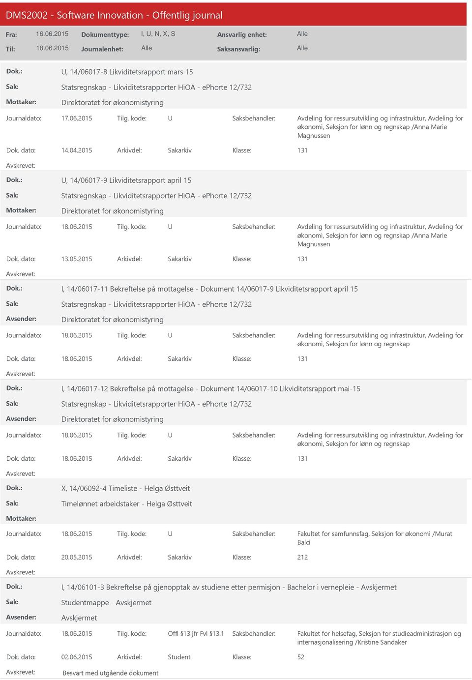 2015 Arkivdel: Sakarkiv 131, 14/06017-9 Likviditetsrapport april 15 Statsregnskap - Likviditetsrapporter HiOA - ephorte 12/732 Direktoratet for økonomistyring økonomi, Seksjon for lønn og regnskap