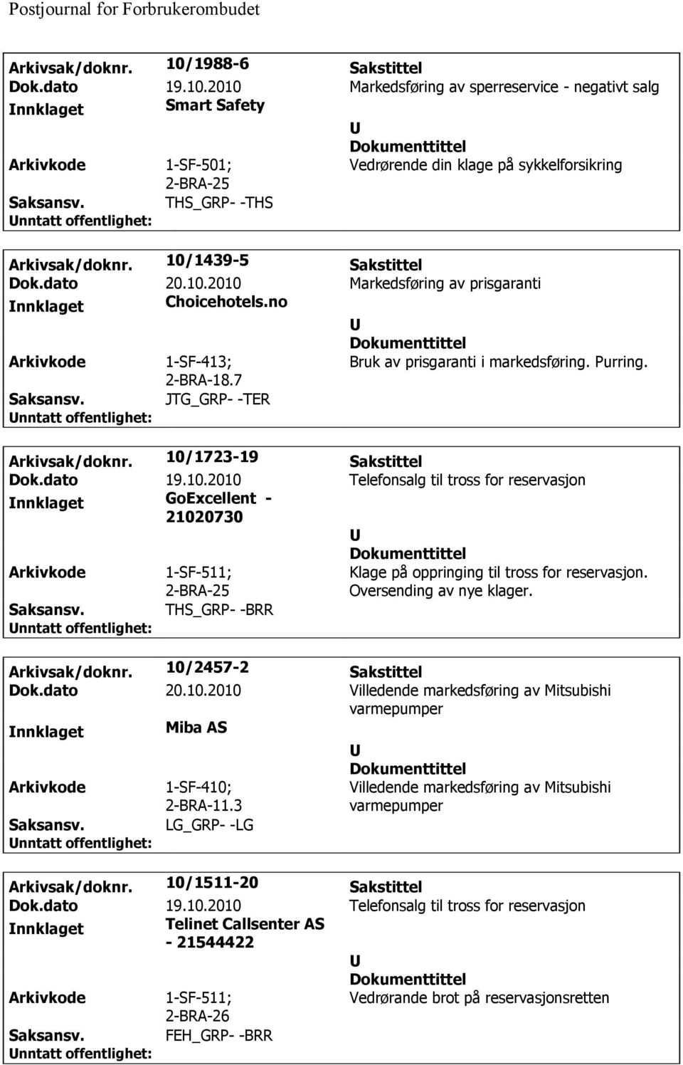 10/1723-19 Sakstittel GoExcellent - 21020730 2-BRA-25 Klage på oppringing til tross for reservasjon. Oversending av nye klager. THS_GRP- -BRR Arkivsak/doknr. 10/2457-2 Sakstittel Dok.dato 20.10.2010 Villedende markedsføring av Mitsubishi varmepumper Miba AS 1-SF-410; 2-BRA-11.