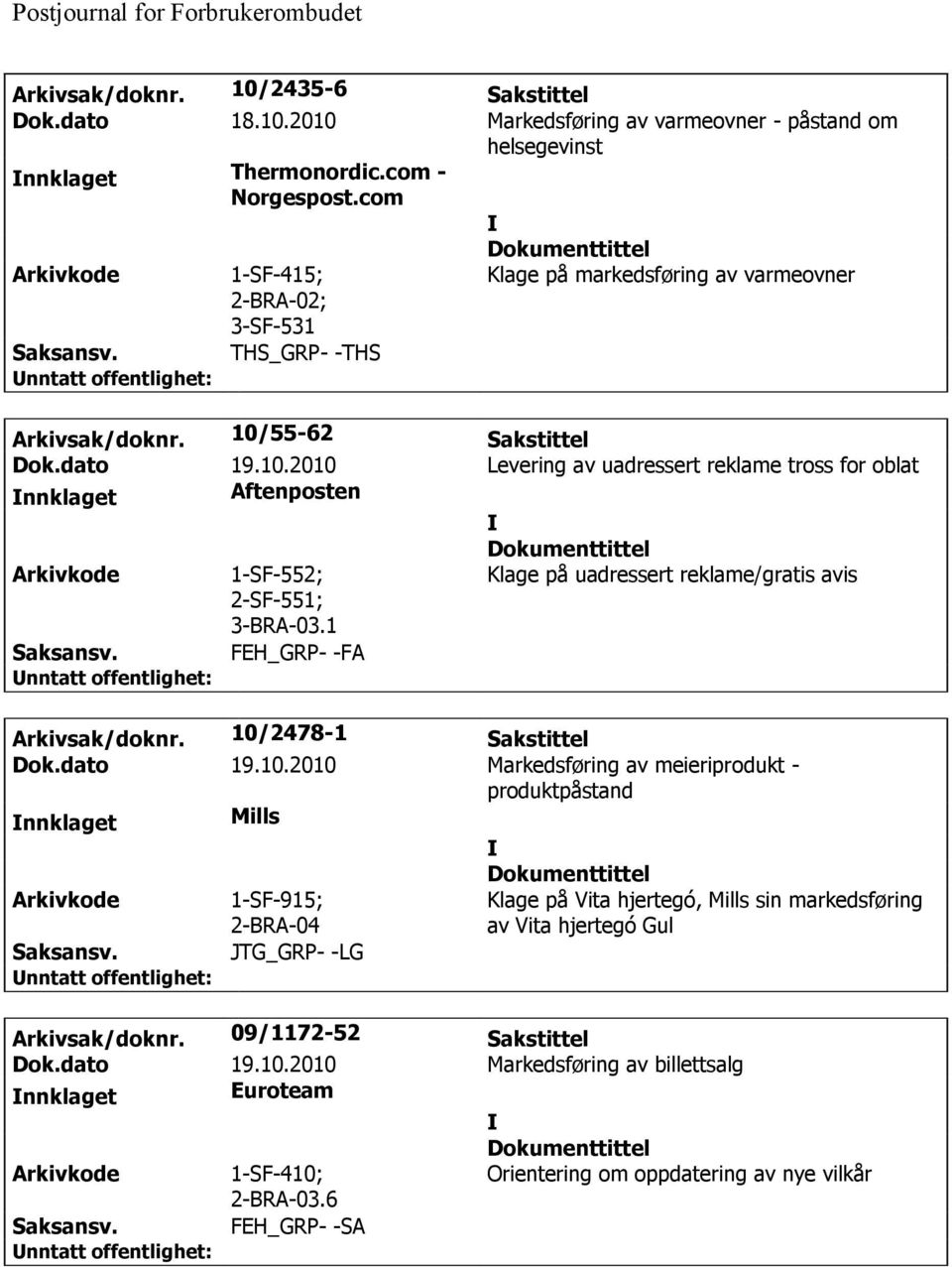 55-62 Sakstittel Dok.dato 19.10.2010 Levering av uadressert reklame tross for oblat Aftenposten 1-SF-552; Klage på uadressert reklame/gratis avis 2-SF-551; 3-BRA-03.1 FEH_GRP- -FA Arkivsak/doknr.