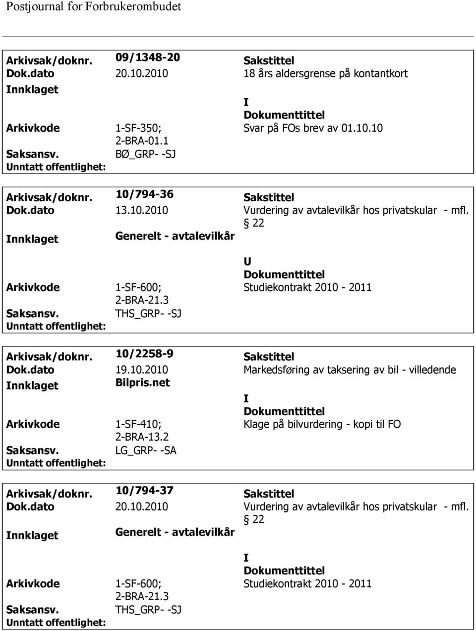 3 THS_GRP- -SJ Studiekontrakt 2010-2011 Arkivsak/doknr. 10/2258-9 Sakstittel Dok.dato 19.10.2010 Markedsføring av taksering av bil - villedende Bilpris.