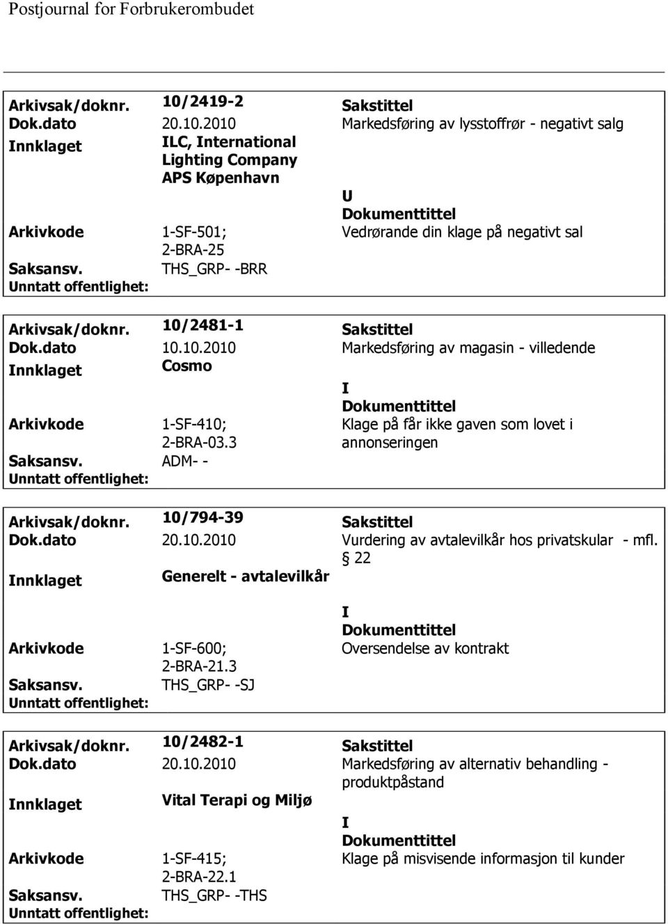 2010 Markedsføring av lysstoffrør - negativt salg LC, nternational Lighting Company APS Køpenhavn 1-SF-501; Vedrørande din klage på negativt sal 2-BRA-25 THS_GRP- -BRR 2481-1 Sakstittel Dok.dato 10.