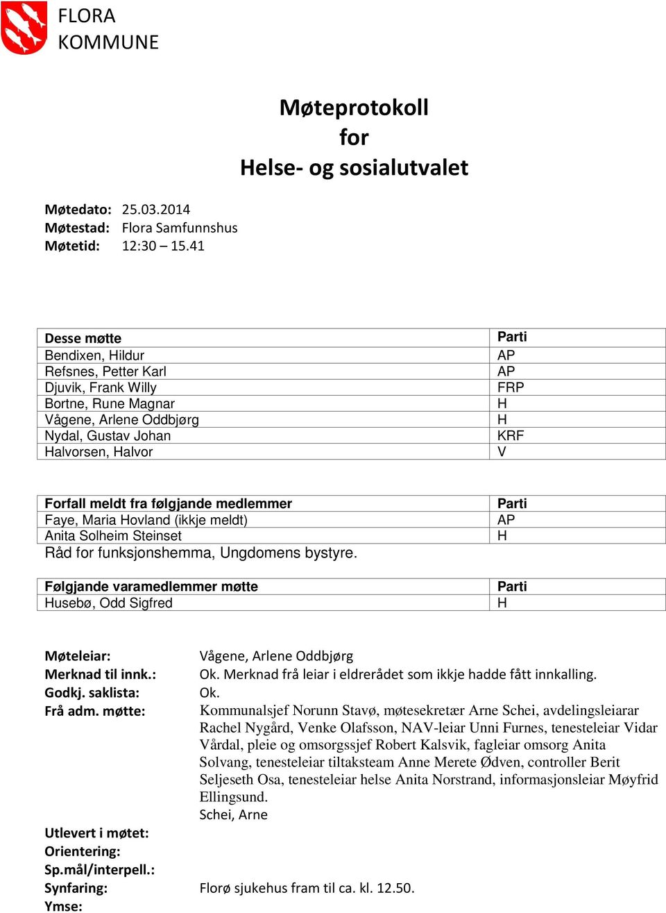 Parti AP AP FRP H H KRF V Forfall meldt fra følgjande medlemmer Faye, Maria Hovland (ikkje meldt) Anita Solheim Steinset Råd for funksjonshemma, Ungdomens bystyre.