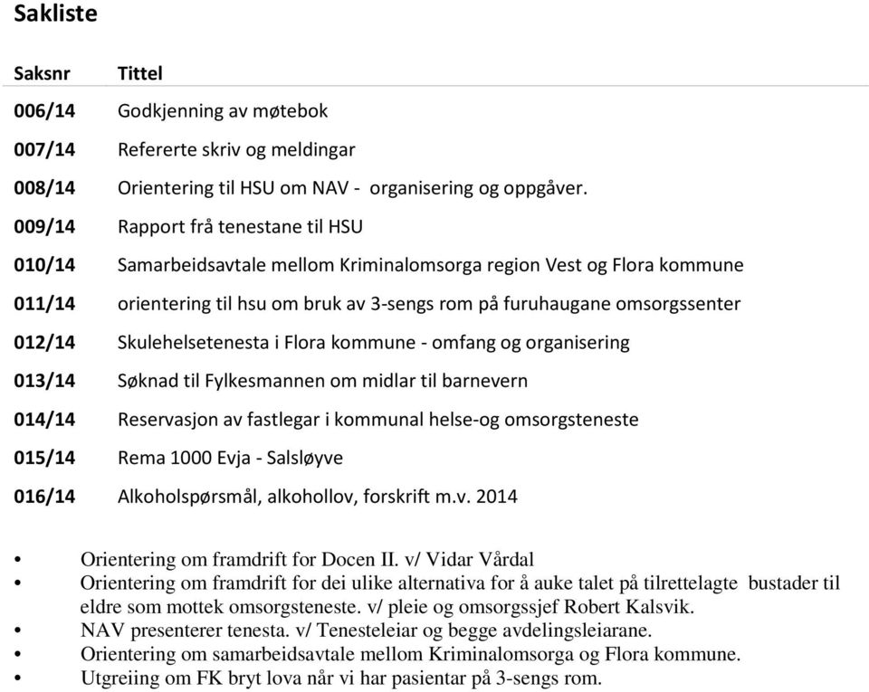 Skulehelsetenesta i Flora kommune - omfang og organisering 013/14 Søknad til Fylkesmannen om midlar til barnevern 014/14 Reservasjon av fastlegar i kommunal helse-og omsorgsteneste 015/14 Rema 1000