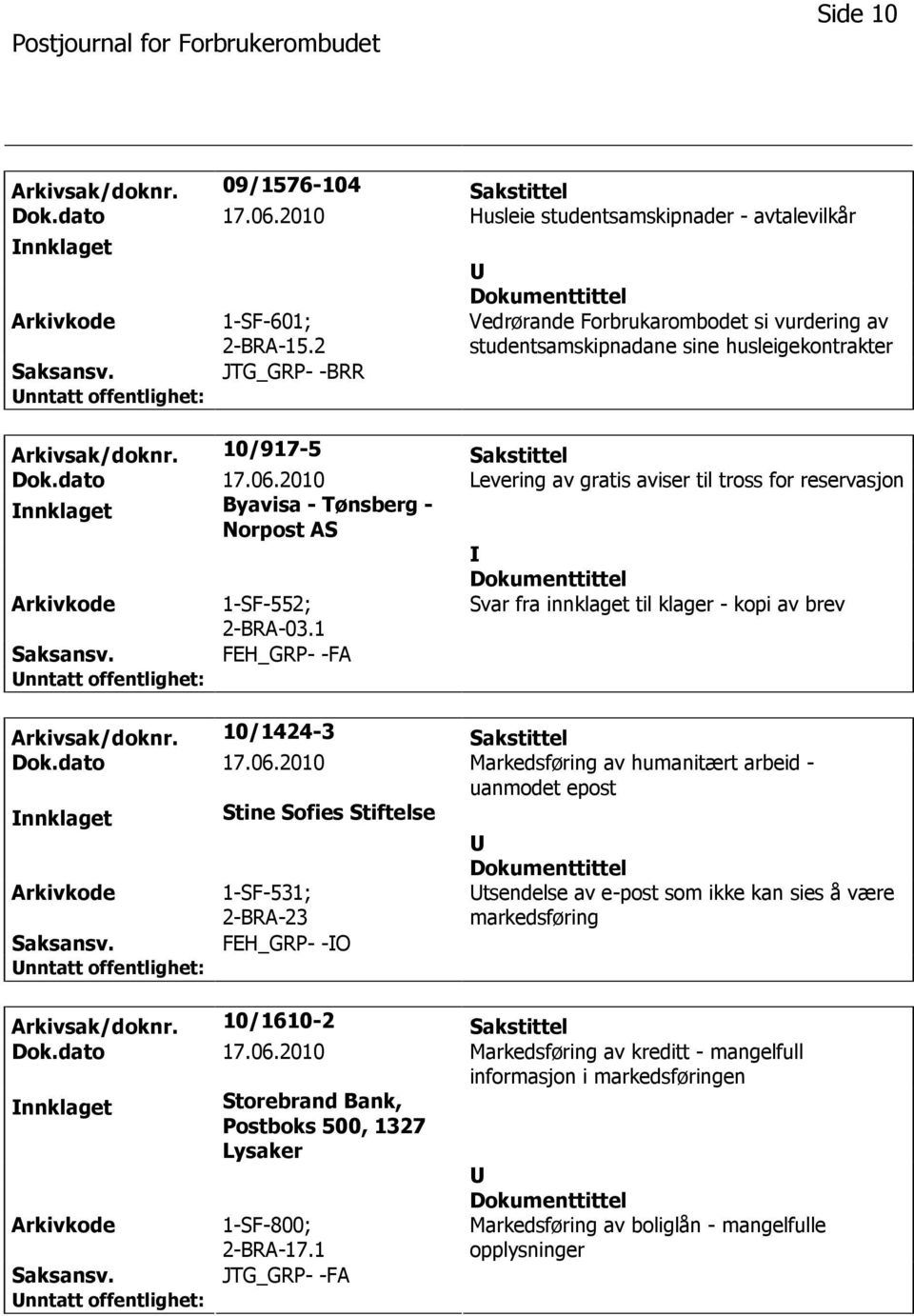 2010 Levering av gratis aviser til tross for reservasjon nnklaget Byavisa - Tønsberg - Norpost AS 1-SF-552; 2-BRA-03.1 Svar fra innklaget til klager - kopi av brev FEH_GRP- -FA Arkivsak/doknr.