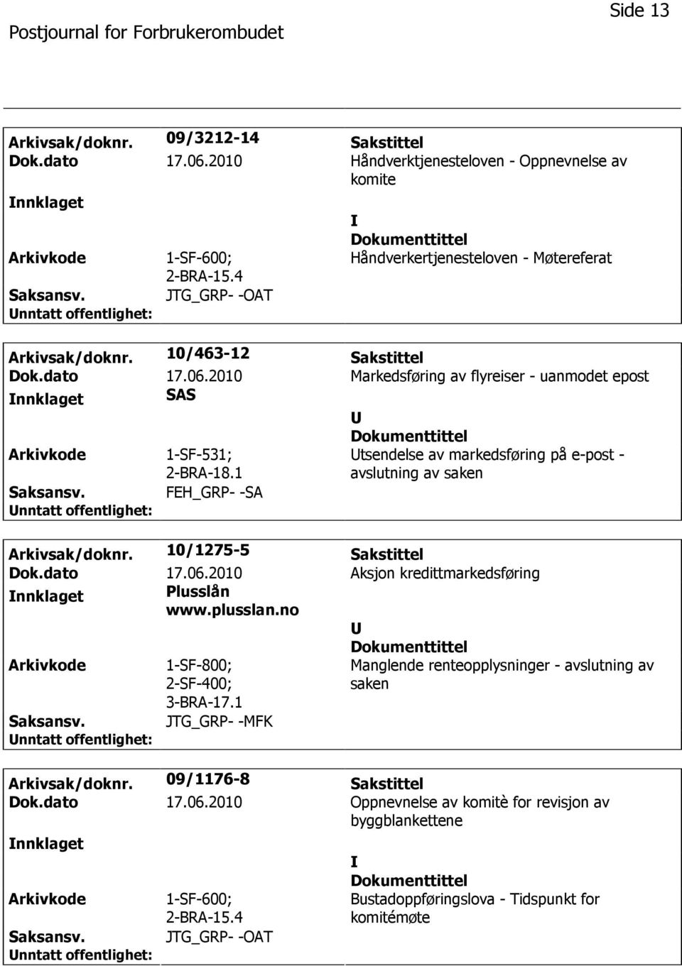 1 tsendelse av markedsføring på e-post - avslutning av saken FEH_GRP- -SA Arkivsak/doknr. 10/1275-5 Sakstittel Dok.dato 17.06.2010 Aksjon kredittmarkedsføring nnklaget Plusslån www.plusslan.