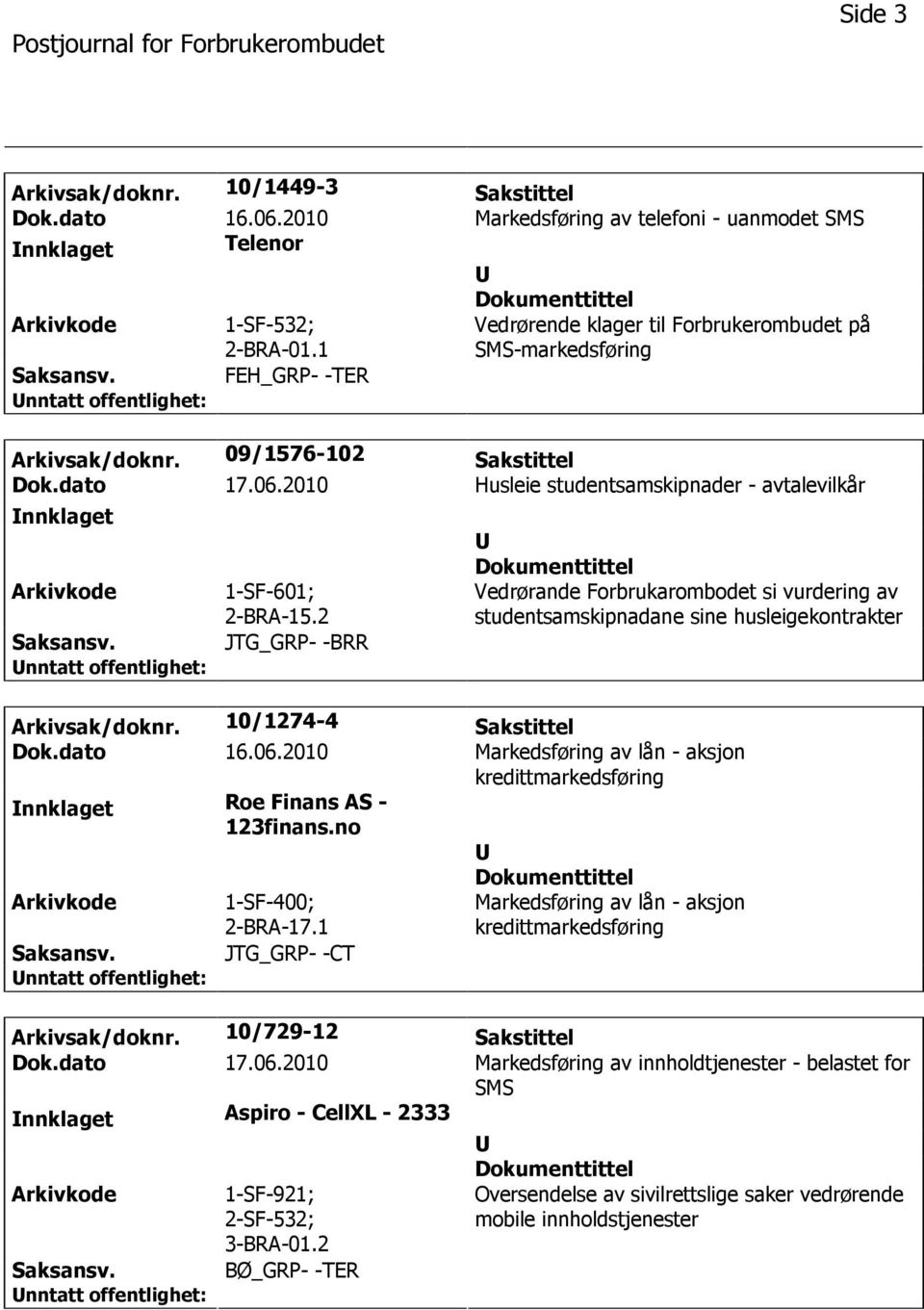 2010 Husleie studentsamskipnader - avtalevilkår nnklaget 1-SF-601; 2-BRA-15.2 JTG_GRP- -BRR Vedrørande Forbrukarombodet si vurdering av studentsamskipnadane sine husleigekontrakter Arkivsak/doknr.