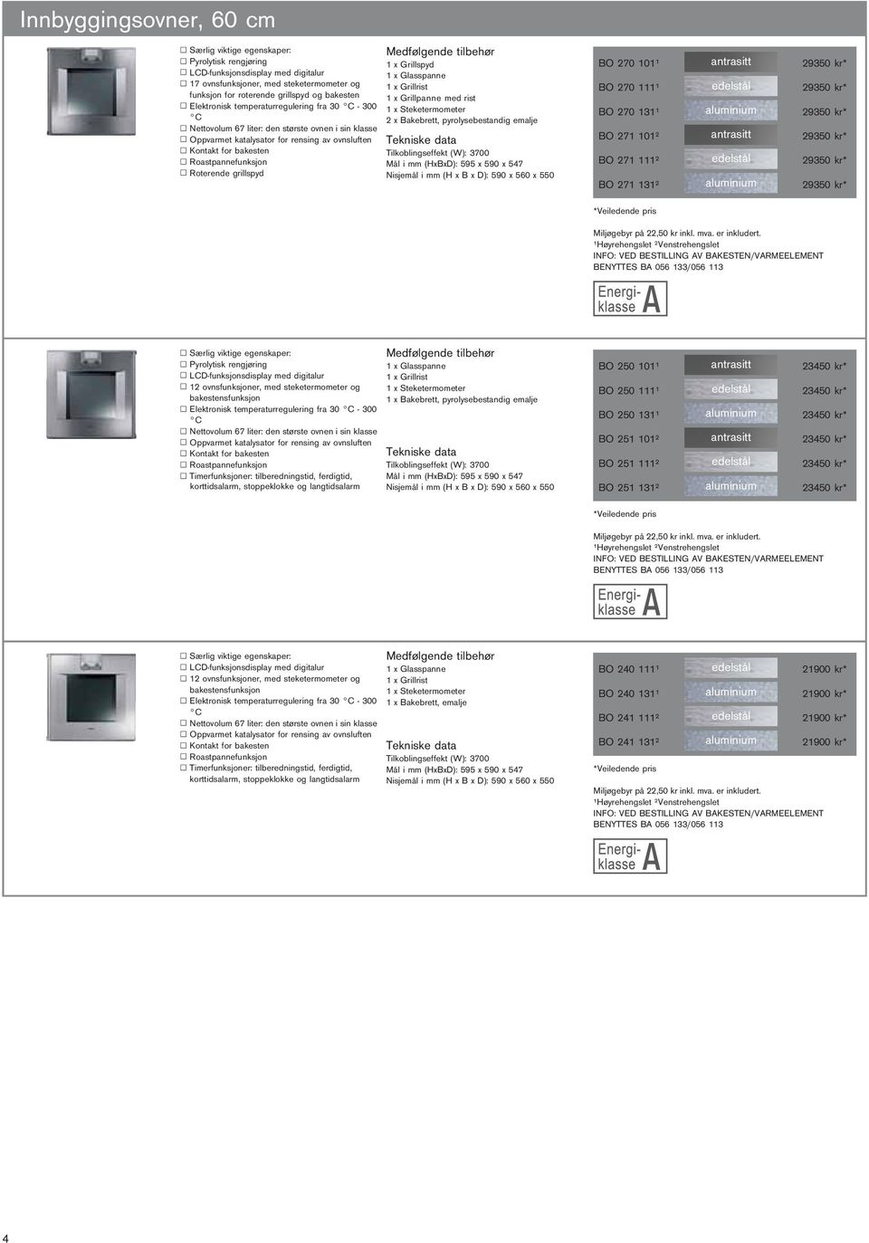 grillspyd 1 x Grillspyd 1 x Glasspanne 1 x Grillrist 1 x Grillpanne med rist 1 x Steketermometer 2 x Bakebrett, pyrolysebestandig emalje Tilkoblingseffekt (W): 3700 Mål i mm (HxBxD): 595 x 590 x 547