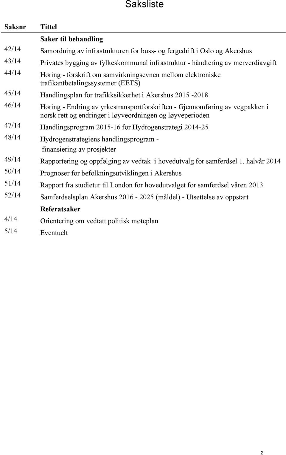 av yrkestransportforskriften - Gjennomføring av vegpakken i norsk rett og endringer i løyveordningen og løyveperioden 47/14 Handlingsprogram 2015-16 for Hydrogenstrategi 2014-25 48/14