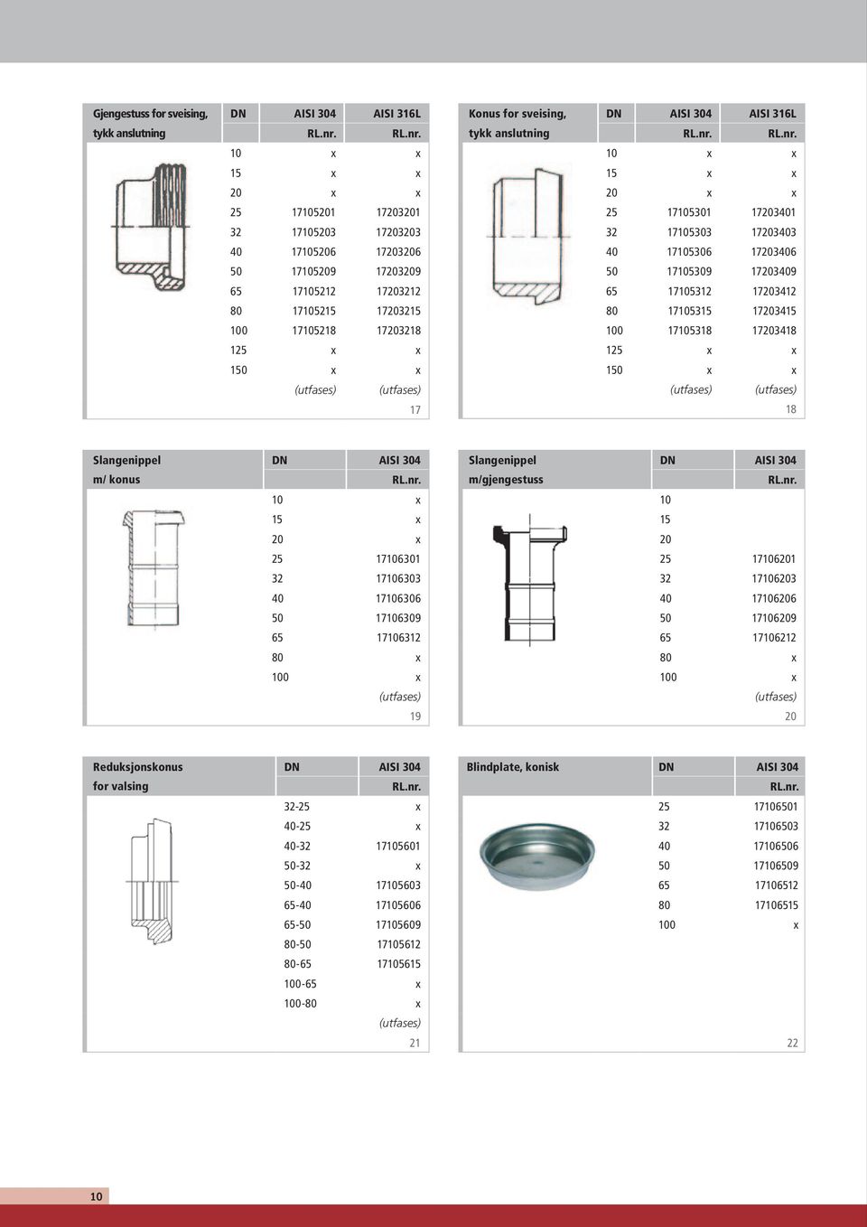 100 17105218 17203218 100 17105318 17203418 125 x x 125 x x 150 x x 150 x x 17 18 Slangenippel DN AISI 304 Slangenippel DN AISI 304 m/ konus m/gjengestuss 10 x 10 15 x 15 20 x 20 25 17106301 25