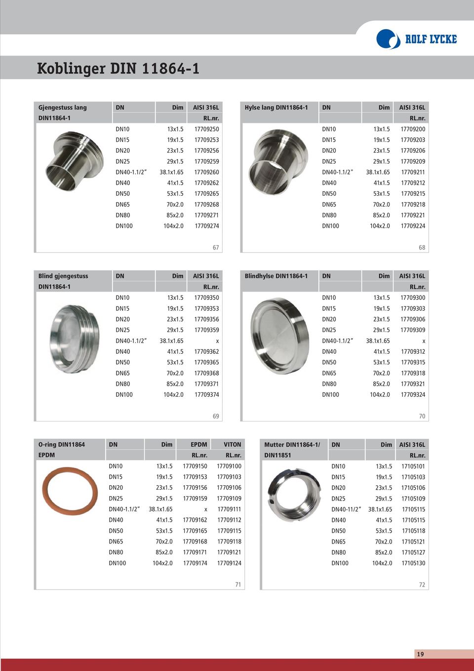 1x1.65 17709211 DN40 41x1.5 17709212 DN50 53x1.5 17709215 DN65 70x2.0 17709218 DN80 85x2.0 17709221 DN100 104x2.0 17709224 67 68 Blind gjengestuss DIN11864-1 DN DN10 13x1.5 17709350 DN15 19x1.