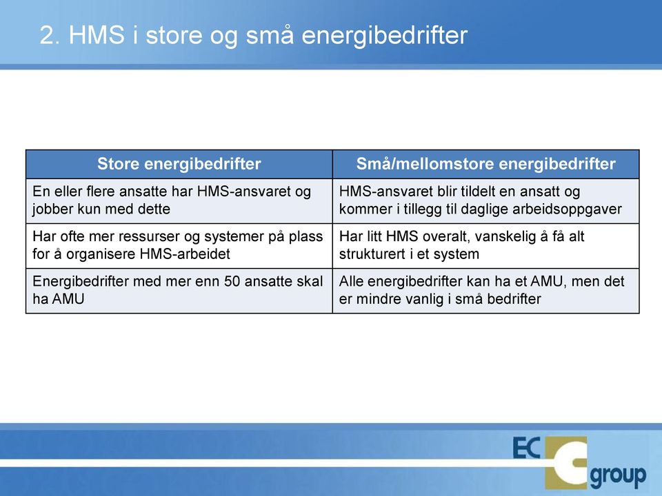 Små/mellomstore energibedrifter HMS-ansvaret blir tildelt en ansatt og kommer i tillegg til daglige arbeidsoppgaver Har litt