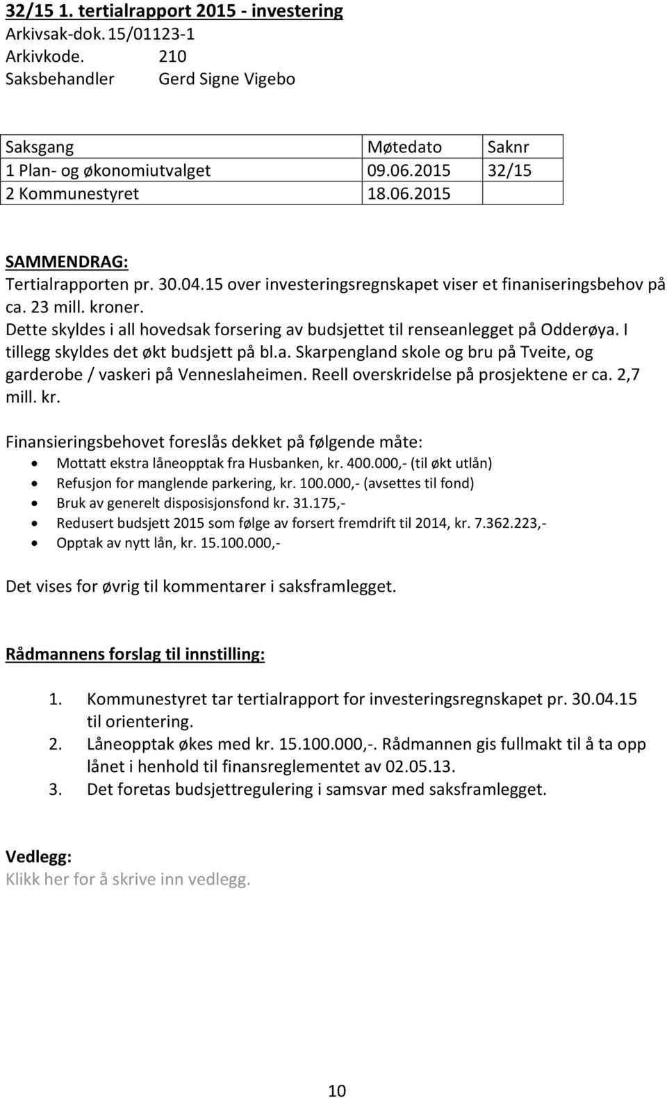 Dette skyldes i all hovedsak forsering av budsjettet til renseanlegget på Odderøya. I tillegg skyldes det økt budsjett på bl.a. Skarpengland skole og bru på Tveite, og garderobe / vaskeri på Venneslaheimen.