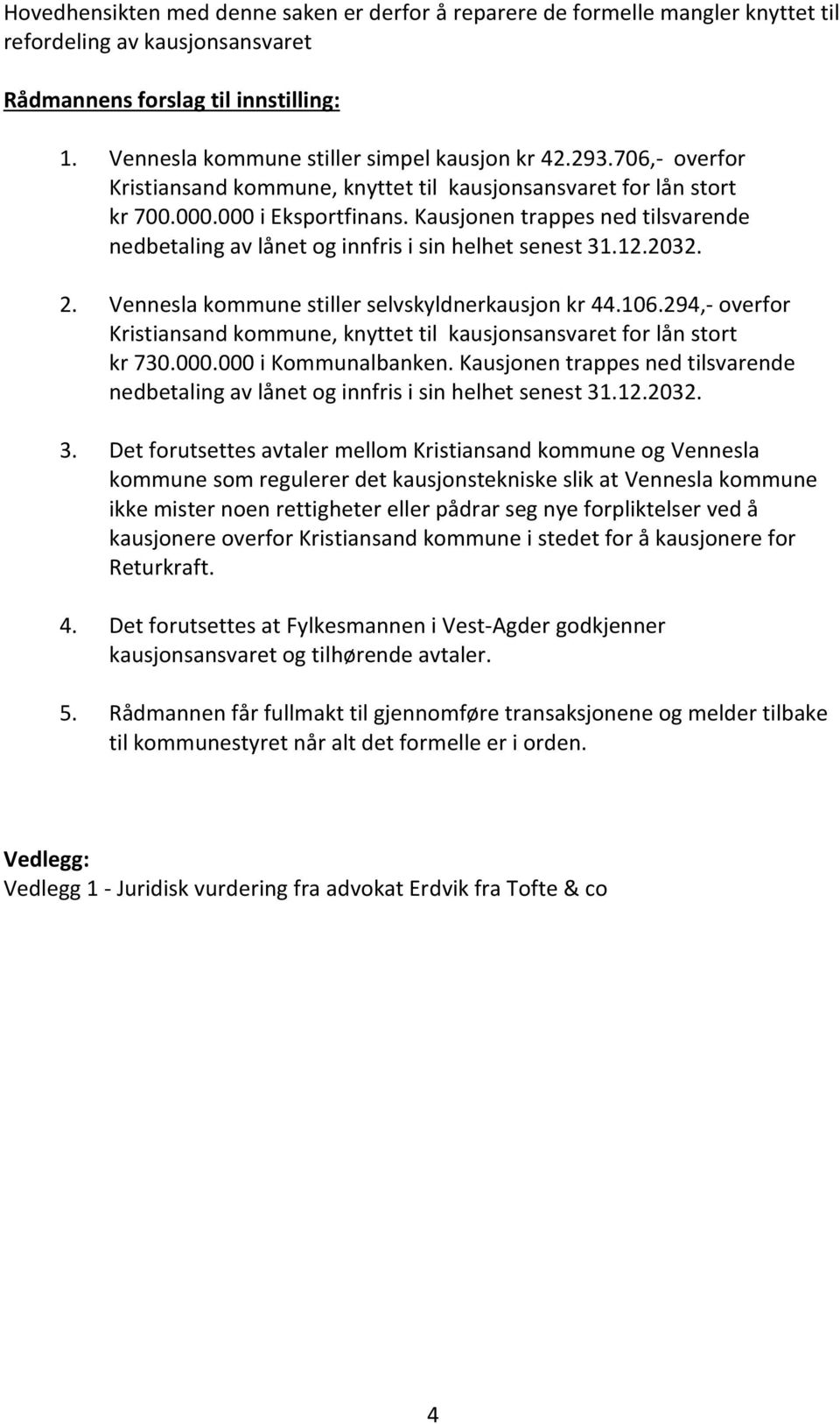 Kausjonen trappes ned tilsvarende nedbetaling av lånet og innfris i sin helhet senest 31.12.2032. 2. Vennesla kommune stiller selvskyldnerkausjon kr 44.106.