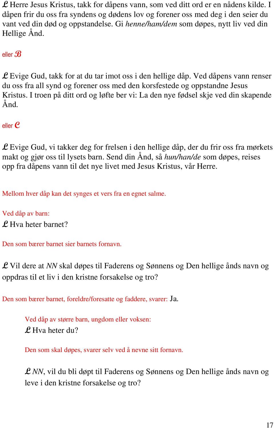 Ved dåpens vann renser du oss fra all synd og forener oss med den korsfestede og oppstandne Jesus Kristus. I troen på ditt ord og løfte ber vi: La den nye fødsel skje ved din skapende Ånd.