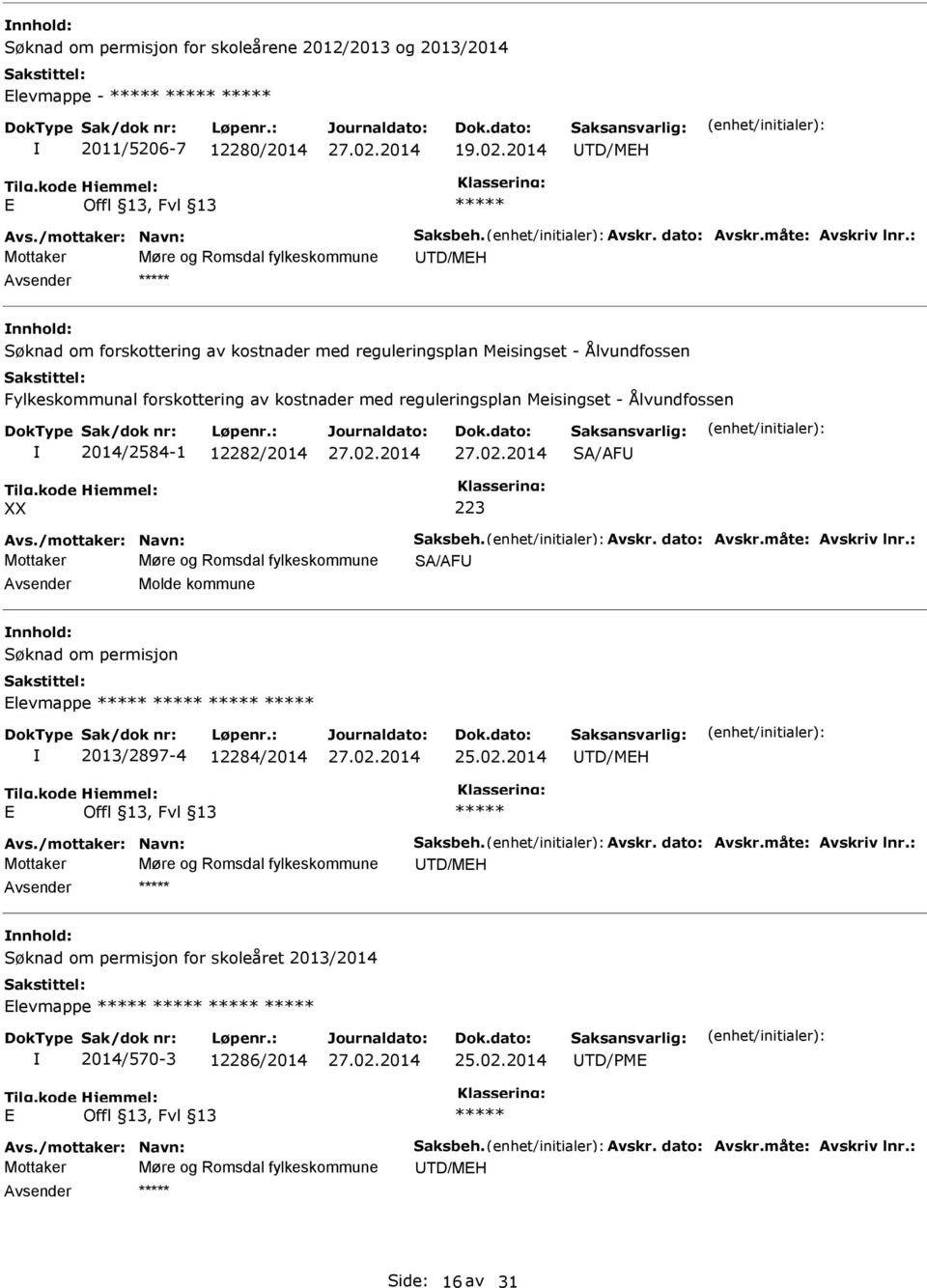 forskottering av kostnader med reguleringsplan Meisingset - Ålvundfossen 2014/2584-1 12282/2014 SA/AF XX 223 Mottaker Møre og Romsdal fylkeskommune SA/AF Molde kommune