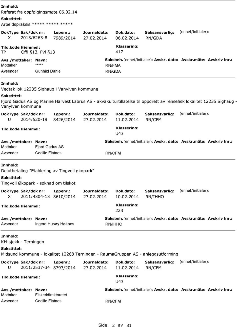 2014 RN/GDA TP 417 Mottaker RN/FMA Gunhild Dahle RN/GDA nnhold: Vedtak lok 12235 Sighaug i Vanylven kommune Fjord Gadus AS og Marine Harvest Labrus AS - akvakulturtillatelse til oppdrett av rensefisk