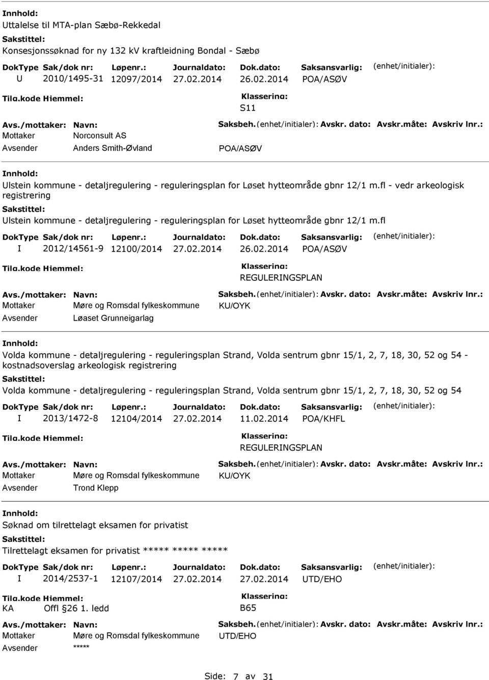 fl - vedr arkeologisk registrering fl 2012/14561-9 12100/2014 POA/ASØV RGLRNGSPLAN Mottaker Møre og Romsdal fylkeskommune K/OYK Løaset Grunneigarlag nnhold: Volda kommune - detaljregulering -