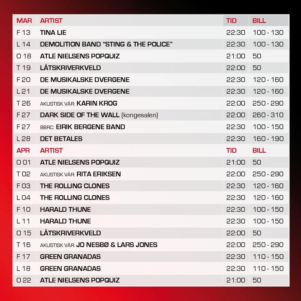 28 DET BETALES 22:30 160-190 APR ARTIST TID BILL O 01 ATLE NIELSENS POPQUIZ 21:00 50 T 02 AKUSTISK VÅR: RITA ERIKSEN 22:00 250-290 F 03 THE ROLLING CLONES 22:30 120-160 L 04 THE ROLLING CLONES 22:30