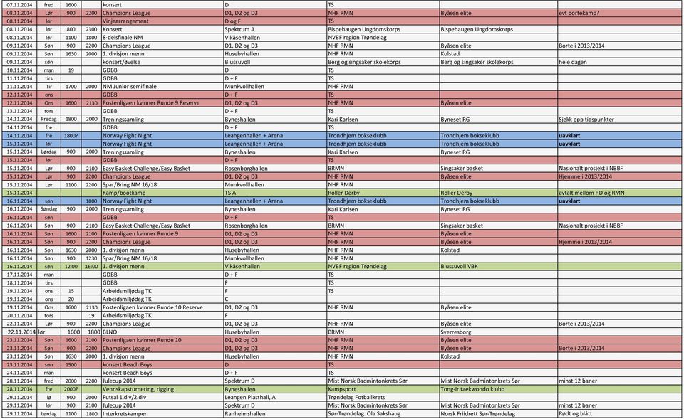divisjon menn Husebyhallen NHF RMN Kolstad 09.11.2014 søn konsert/øvelse Blussuvoll Berg og singsaker skolekorps Berg og singsaker skolekorps hele dagen 10.11.2014 man 19 GDBB D TS 11.11.2014 tirs GDBB D + F TS 11.