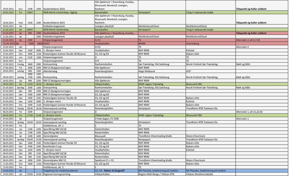 2015 fred 1500 2300 Studentlekene 2015 Ranheim Tidspunkt og haller usikkert 20.02.2015 fre Fotballarrangement Leangen plasthall Multikulturell/Suot Multikulturell/Suot 21.02.2015 lør 0900?