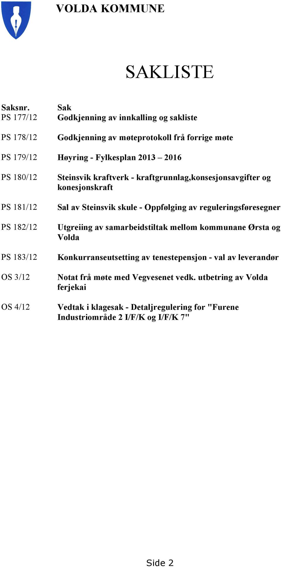 181/12 PS 182/12 PS 183/12 OS 3/12 OS 4/12 Steinsvik kraftverk - kraftgrunnlag,konsesjonsavgifter og konesjonskraft Sal av Steinsvik skule - Oppfølging av